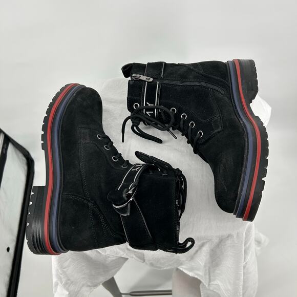 NWOB Womens Black Leather Tommy Hilfiger Buckle Platform Combat Ankle Boots 8.5M - Picture 4 of 8